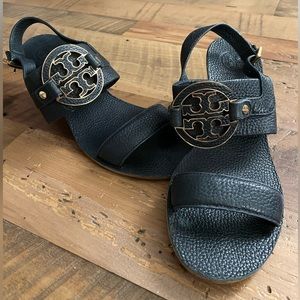 Black Tory Burch Leather Logo Wedge Sandals